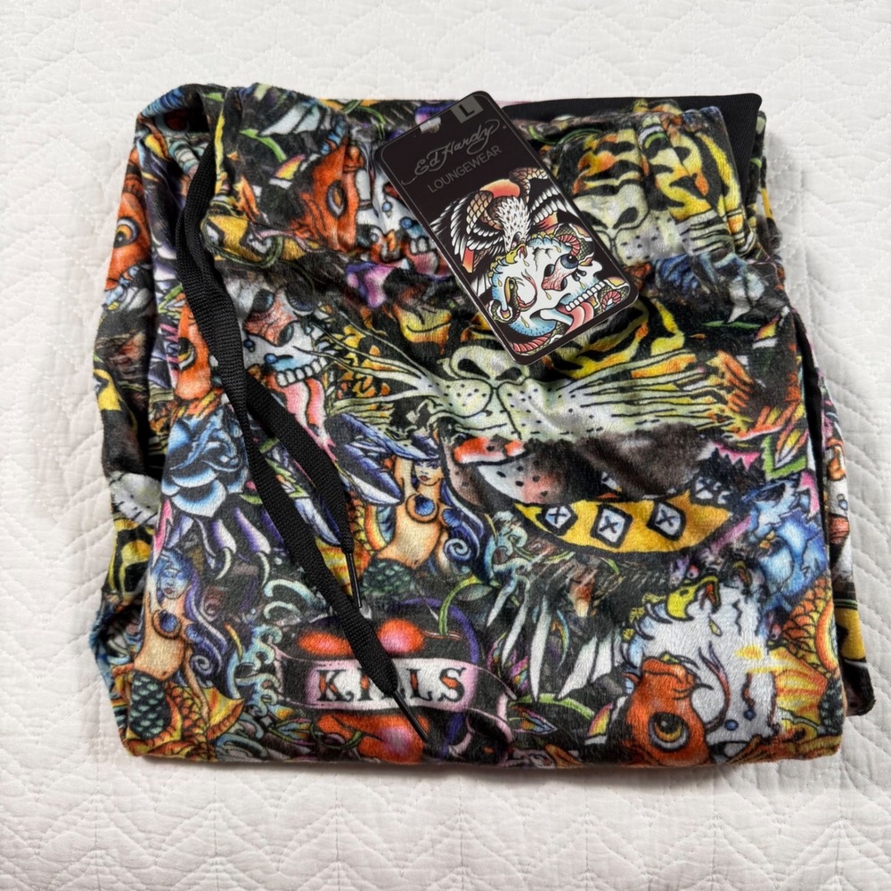 Ed Hardy Loungewear Mens L Tattoo Print Joggers Pajama Pants NWT All Over Skulls